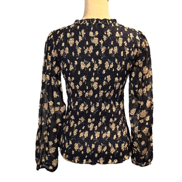 Blue Boheme Floral Top Sz.M- L Black Smocked Ruffle Whimsigoth Fairy Grunge - Picture 3 of 10